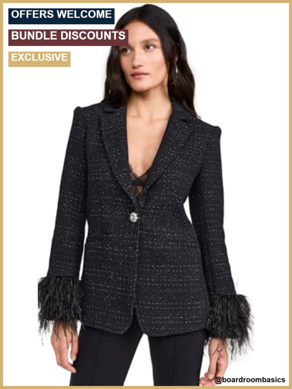 Sylvie Tweed Boucle Feather Trim Blazer One Button Notch Collar Long Sleeve